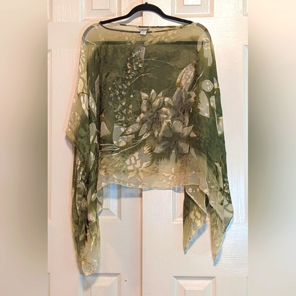 Chico's Silk Blend, Sheer Green Floral Print Poncho - Picture 3 of 5